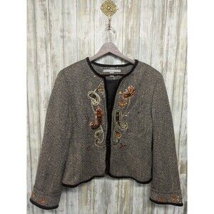 Ella Rose Women's Wool Blend Blazer Tweed Embellished Beaded Velvet Trim Size 12